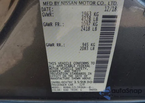 2019 Nissan Altima 2.5 Sl z USA, uszkodzony, nr VIN 1N4BL4EV7KC159830